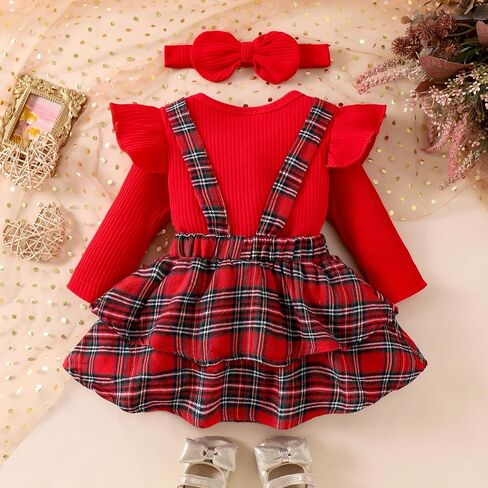Baby Girl Clothes Fall Winter Outfit Long Sleeve Ruffle Romper Plaid Skirt Bow Headband 3 Pcs Set 0-18 Months in Kuwait