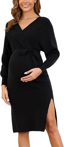 Ecavus Women's Maternity Nursing Dress V-Neck Maternity Dress for Photoshoot Side Slit Pregnancy Sweater Dress with Belt in Kuwait
