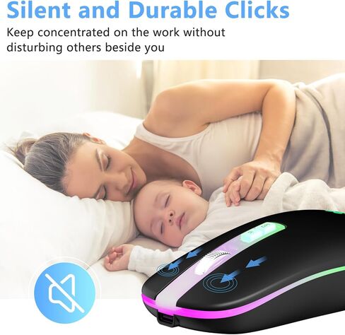 ماوس KARFUN اللاسلكي، ماوس كمبيوتر نحيف محمول بإضاءة خلفية LED لأجهزة الكمبيوتر المحمول، الكمبيوتر الشخصي، الكمبيوتر، MacBook، iPad، Chromebook، Notebook، ماوس لاسلكي قابل لإعادة الشحن 2.4G (أسود) (أنف أسود شفاف) in Kuwait