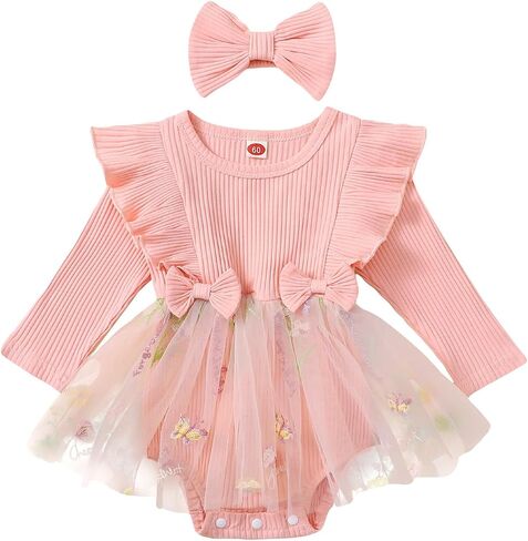 ZAXARRA Infant Baby Girl Romper Dress Baby Dress Romper Flowers Lace Fall Winter Festival Clothes with Headband in Kuwait