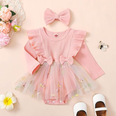 ZAXARRA Infant Baby Girl Romper Dress Baby Dress Romper Flowers Lace Fall Winter Festival Clothes with Headband in Kuwait