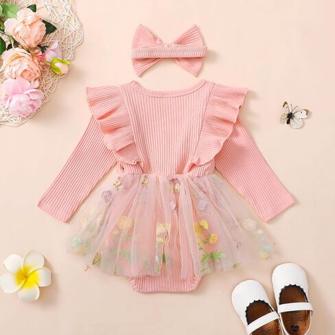 ZAXARRA Infant Baby Girl Romper Dress Baby Dress Romper Flowers Lace Fall Winter Festival Clothes with Headband in Kuwait