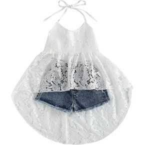 Toddler Baby Girl Denim Outfits Set Ruffled Strap Crop Tops+ Denim Short Pants with Bowknot Belt Summer Clothes Set