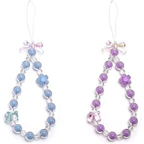 2pcs Beaded Phone Bracelet Strap, Bowknot Flower Camera Phone Charm Pearl Wrist Strap Beaded Phone Bracelet Lanyard Accessories for Women Phone Keychain Charm (Blue, Purple)