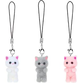 Cat Phone Charms, Fuzzy Cat Keychain Cute Y2K Aesthetic Phone Case Charm Kawaii Cat Mobile Phone Pendants Wrist Straps Lanyard Accessories for Women Girls Phone Bag Keychain Camera Decor