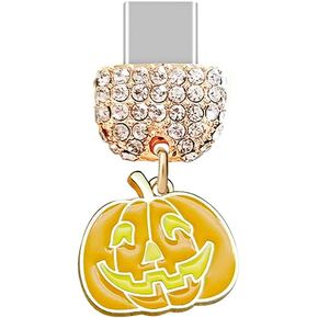 ELISE & FONDA TP284 Type-C USB Charging Port Crystal Anti Dust Plug Halloween Pumpkin Cell Phone Charm for Samsung/Huawei/OnePlus/Xiaomi/oppo Android Phones (Orange)