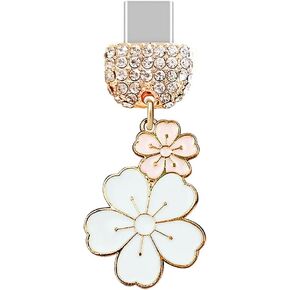 ELISE & FONDA TP209 Type-C USB Charging Port Crystal Anti Dust Plug Cherry Blossom Cell Phone Charm for Samsung/Huawei/OnePlus/Xiaomi/oppo Android Phones (White Pink)