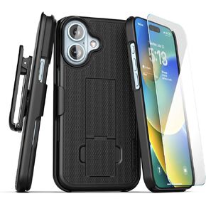 حافظة DuraClip مغلفة لهاتف iPhone 16 Pro Max بمشبك حزام مع واقي شاشة من الزجاج المقسى (أسود)
