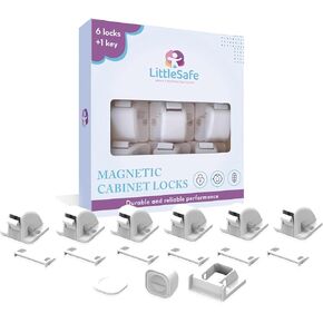 Magnetic Cabinet Locks Baby Proofing - (6 Locks + 1 Key) LittleSafe Child Safety Latches for Cupboards and Drawers - Easy Adhesive Installation with Optional Screws