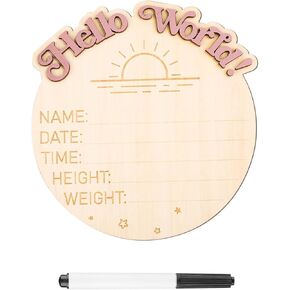 Baby Announcement Sign, I'm New Here Wooden Baby Announcement Sign Hello World Newborn Sign Photography Props Welcome Baby Birth Record Decoration(Word)