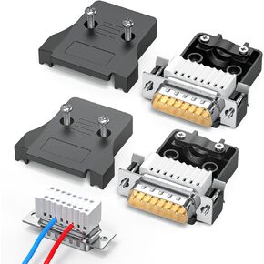 2Pack Small DB15 Male Solderless Connector, 15 Pin Male Direct Connection Bare Wire Terminal Adapter, RS232 D-SUB 15 Pin to Terminal Connector Signal Module, Including Shell and Screwdriver