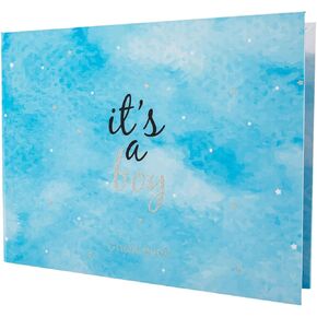 Happy Homewares It's a Boy 80-Space Blue Watercolour Photo Album with Silver Glitter Text and Stars for Christening or Baby Shower | Personalise with Special Messages