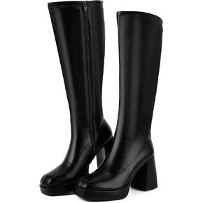 Putu Platform Knee High Boots for Women GoGo Boots with Square Toe Chunky Block Tall Boots