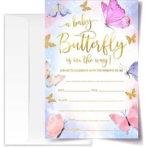 4x6 A Baby Butterfly Is On The Way Baby Shower Invitations, Purple Pink Butterfly Baby Shower Decorations, Baby Shower Invitations For Girl, 20 Cards with 20 Envelopes. (90)