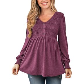 Women's Maternity Shirts V Neck Long Puff Sleeve Babydoll Top Casual Smocked Ruched Pregnancy Top with Button