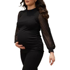 Bhome Mock Neck Maternity Shirt Ribbed Knit Maternity Blouse Mesh Long Sleeve Fitted Pregnant Top