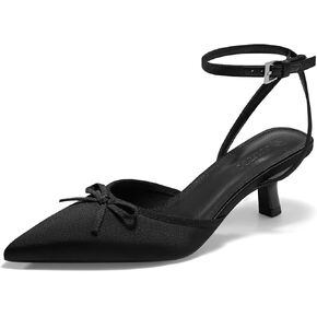 Coutgo Womens Kitten Low Heels Bow Tie Closed Pointed Toe Ankle Strap Pumps Party Wedding Dress Shoes