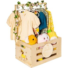 Wooden Baby Shower Crate Closet, Baby Gift Basket with Handle Garland Baby Announcement Sign String Lights Hangers, Large Baby Storage Crate Hamper, Newborn Welcome Gift for Pregnancy