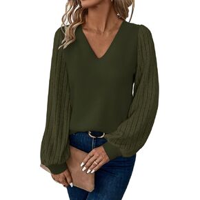 Womens V Neck Tops Long Sleeve Shirts Loose Casual Blouses Puff Sleeve Ribbed Tunic Tops Fall Fashion Sweaters