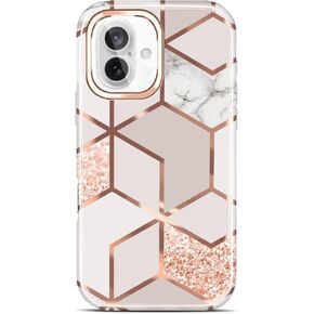 JAHOLAN Designed Case for iPhone 14 Pro Sparkle Glitter Plating Marble Protective Shockproof Slim Hard Back Cover Phone Case for iPhone 14 Pro Rose Gold