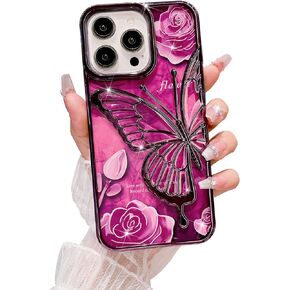 MGQILING Compatible with iPhone 15Pro Max, Luxury Butterfly Rose Flower Pattern Case, 3D Butterfly Design for Women Girls Anti-Drop Protective Back Cover-Black