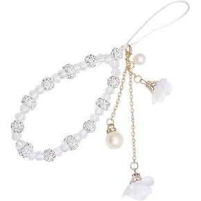 2Pcs White Mobile Phone Lanyard Universal Phone Chain,Pearl Beaded Phone Lanyard Wrist Strap Anti Lost Phone Charm Strap Phone Case Keychain Wallet Decoration Pendant, Cell Phone Accessories