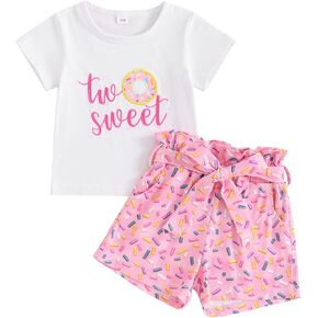 Omkzanbi Toddler Girl Birthday Outfit 2nd/3rd/4th/5th Sweet Donut Embroidery Shirts Sprinkle Shorts 2-5Y Gifts Cake Smash Set