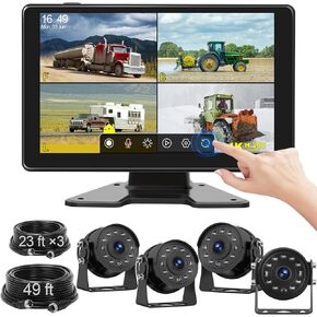9'' Wired Backup Camera System, Full Touch IPS Quad Split Screen Monitor with 4 HD 1080P IP68 Waterproof Camera 64GB SD Card, Recording IR Night Vision Reverse Camera for Truck, Trailer, RV