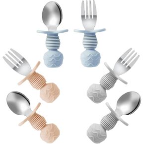 PandaEar 6 Pack Stainless Steel Baby Spoons and Fork Feeding Set - Anti-Choke First Self Feeding Utensils for Baby Girls Led Weaning Ages 3 Months+ (Pink/Beige)