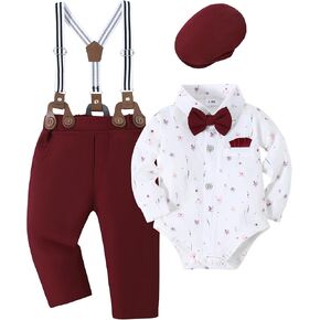 YALLET Baby Boy Clothes Suits Infant Formal Dress Gentleman Wedding Print Shirt+Beret Hat+Suspender Pants+Bowtie Outfits