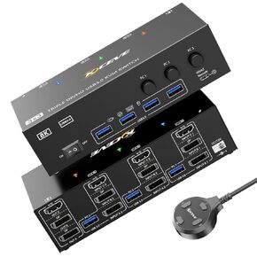 8K KVM Switch 3 Monitors 3 Computers HDMI + DisplayPort, KCEVE USB 3.0 DP KVM Switcher, 8K@30Hz/4k@144Hz Triple Monitor DP KVM for 3 PC Share 3 Display and 4 USB 3.0 Devices