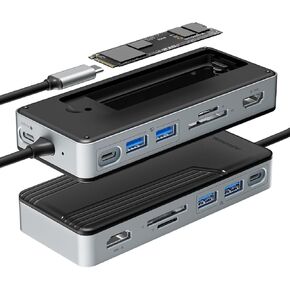 Yottamaster USB C Hub with 4TB M.2 NVMe SSD Enclosure, 8 Ports USB C HUB Adapter 10Gbps USB 3.2 Gen2, 4K@60Hz HDMI, 100W PD, Ethernet for Windows, Mac [Diskless] - YM28PR