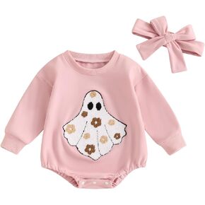 Lamuusaa Newborn Baby Girl Halloween Outfit Ghost Embroidery Sweatshirt Romper Oversized Sweater Headband Fall Clothes