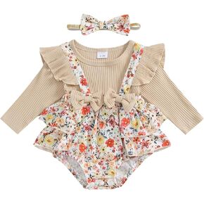 pengnight Infant Baby Girl Clothes Romper Suspender Dress Floral Print Fall Outfit Ruffle Long Sleeve Set with Headband