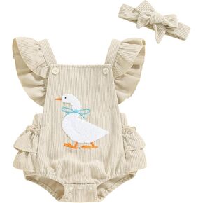 Newborn Western Clothes Chicken/Goose/Duck Print Romper Ruffle Sleeveless Bodysuit with Headband Baby Farm Outfit