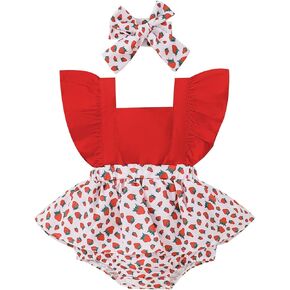 2Pcs Baby Girl Summer Outfit Square Neck Strawberry Flying Sleeve One Piece Romper Dress + Headband