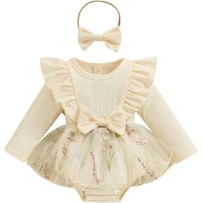 Infant Baby Girl Floral Romper Dress Tulle Tutu Dresses Long Sleeve Onesie with Headband Fall Winter Outfit