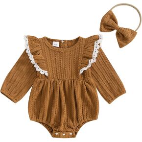 Douhoow Baby Girl Sweatshirt Romper Infant Baby Knit Romper Ruffle Festival Clothes Fall Winter Outfits with Headband in Kuwait