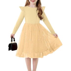 Arshiner Toddler Girls Tutu Dresses Long Sleeve Ruffle Fall Winter Holiday Star Sequin Tulle Dress 2-6Y