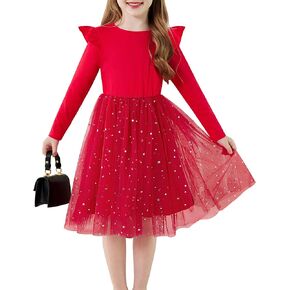 Arshiner Toddler Girls Tutu Dresses Long Sleeve Ruffle Fall Winter Holiday Star Sequin Tulle Dress 2-6Y