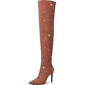 MUCCCUTE Thigh High Boots with Rhinetsones - Over The Knee Boots Stiletto High Heel Pointed Toe Side Zipper Suede Long Boots
