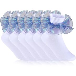 6 Pairs Girls White Ruffle Socks Toddler Big Double Shimmering Lace Turn Cuff Dress Socks