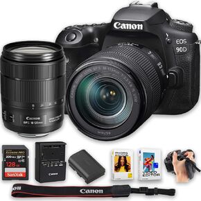 Canon EOS 90D DSLR Camera w/EF-S 18-135mm f/3.5-5.6 is USM Lens Lens | 32.5MP APS-C CMOS Sensor + 128GB Extreme Speed Memory + Photo & Video Editing Software Pack-Essential Kit, Black (Renewed)