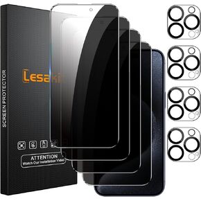 4+4 Pack Privacy Screen Protector for iPhone 15 Pro 6.1-Inch with 4 Pack Camera Lens Protector, Anti Spy Tempered Glass Film 9H Hardness Case Friendly
