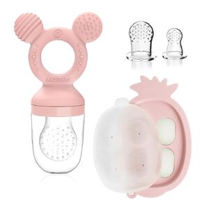 Baby Fruit Feeder with Mini Freezer Tray, Baby Teethers, Breastmilk Popsicle Molds for Teething Relief, Silicone Fresh Food Feeder for Safe Infant Self Feeding (Pig Pink)
