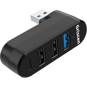 New USB 3.0 Hub [90°/180° Degree Rotatable] 4 Ports, USB Splitter Extender Multi-Port Adapter with 3 USB Ports & 1 USB C Power/Data Port, for Laptop, Car, MacBook Pro/Air, Keyboard (Black)