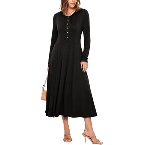 Glamaker Women's 2024 Fall Long Sleeve Midi Dress Casual Crew Neck A line Rib Knit Dress with Pockets in Kuwait