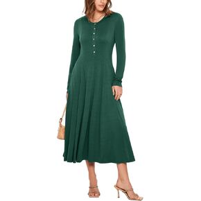 Glamaker Women's 2024 Fall Long Sleeve Midi Dress Casual Crew Neck A line Rib Knit Dress with Pockets
