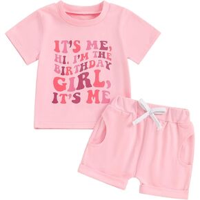 Kayotuas Toddler Baby Girl Birthday Outfit Birthday Girl Shirt and Elastic Shorts Cute Summer Clothes 2Pcs Birthday Gifts Set