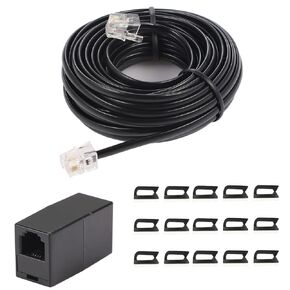 20 Feet Long Telephone Extension Cord Phone Cable Line Wire, with Standard RJ11 Plug and 1 in-Line Couplers and 15 Cable Clip Holders-White (20 Feet)